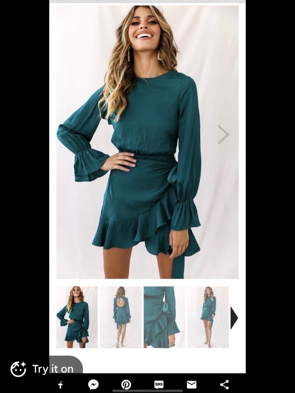 Hello Molly Teal Long-Sleeve Ruffle Wrap Mini Dress